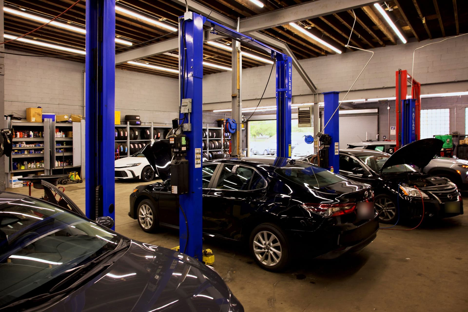 Cars in the Newark service bays between two-post lifts